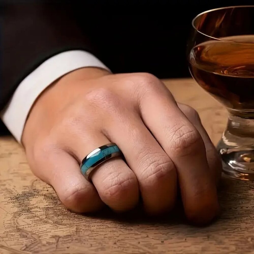 Set of 6 Modern Wood & Stone Inlaid Titanium Steel Ring - Simple Style, Size 9.